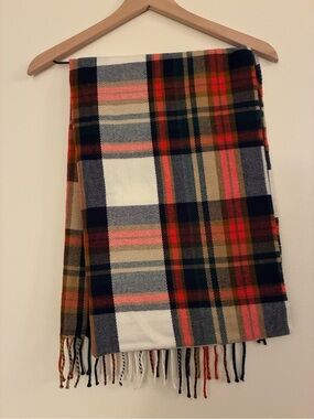 J.Crew Plaid Fringe Scarf Navy Red Cream